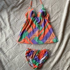 Vintage 60s/70s Charmant 100% Nylon Geometric Colourful Halter Top Bikini Set